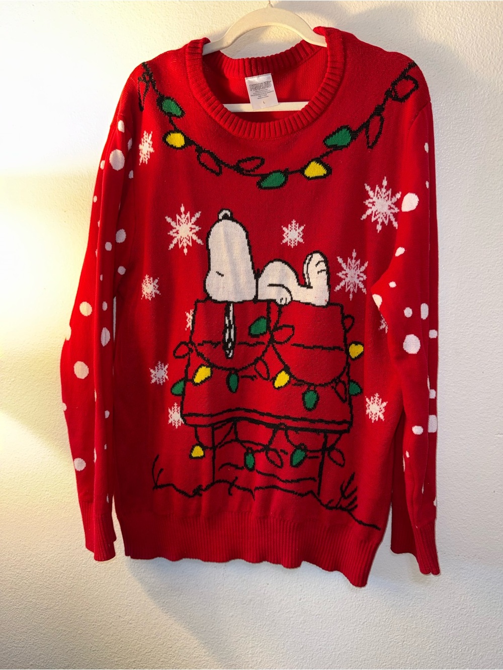 Peanuts Red Snoopy Knit Crewneck Sweater with Holiday Lights